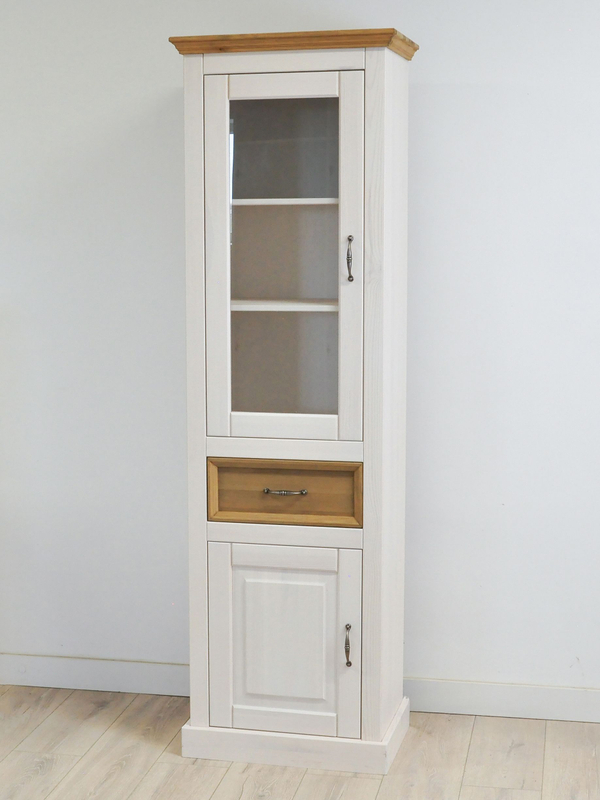 Шкаф витрина 55х38х180, Ландхаус, стеклянная, с ящиком и с 2 дверями, буфет для кухни столовой, массив сосны, белый, Dipriz