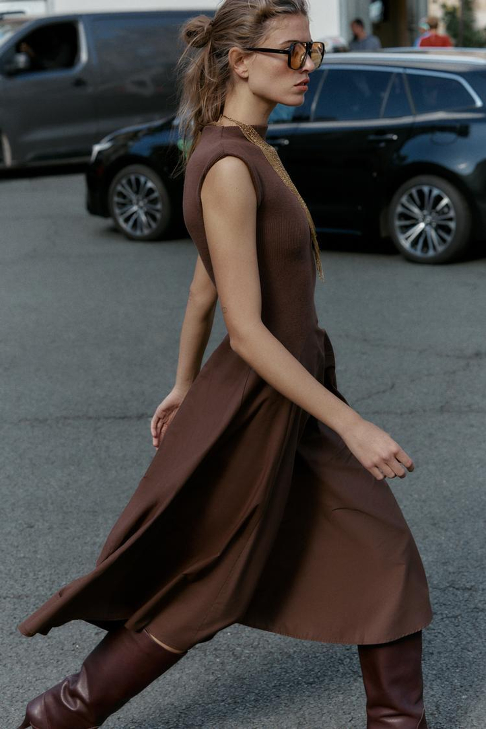 ZARA КОМБИНИРОВАННОЕ ПЛАТЬЕ ИЗ МЯГКОЙ ТКАНИ, ТЕМНО-КОРИЧНЕВЫЙ