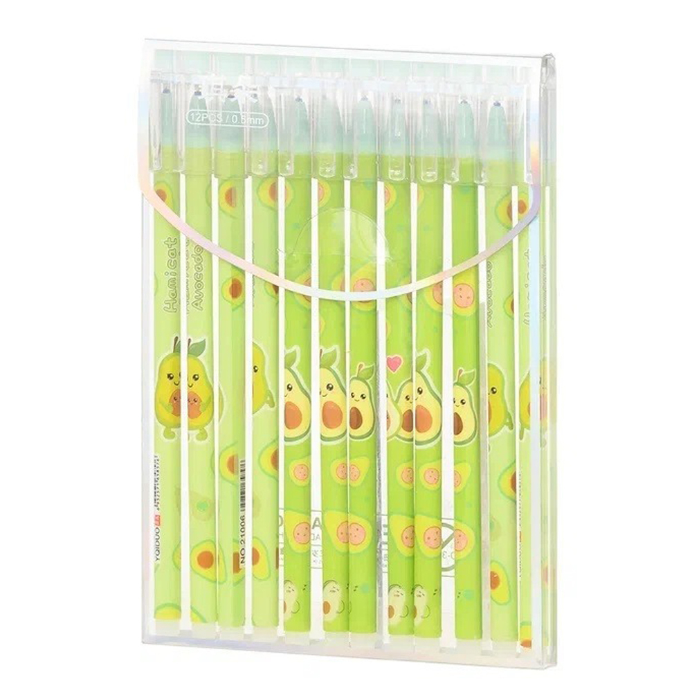 Набор ручек пиши-стирай 12 штук, с рисунком авокадо, MC-Basir, Красивые гелевые ручки со стираемыми синими чернилами, специальный ластик на конце, для школы и учебы