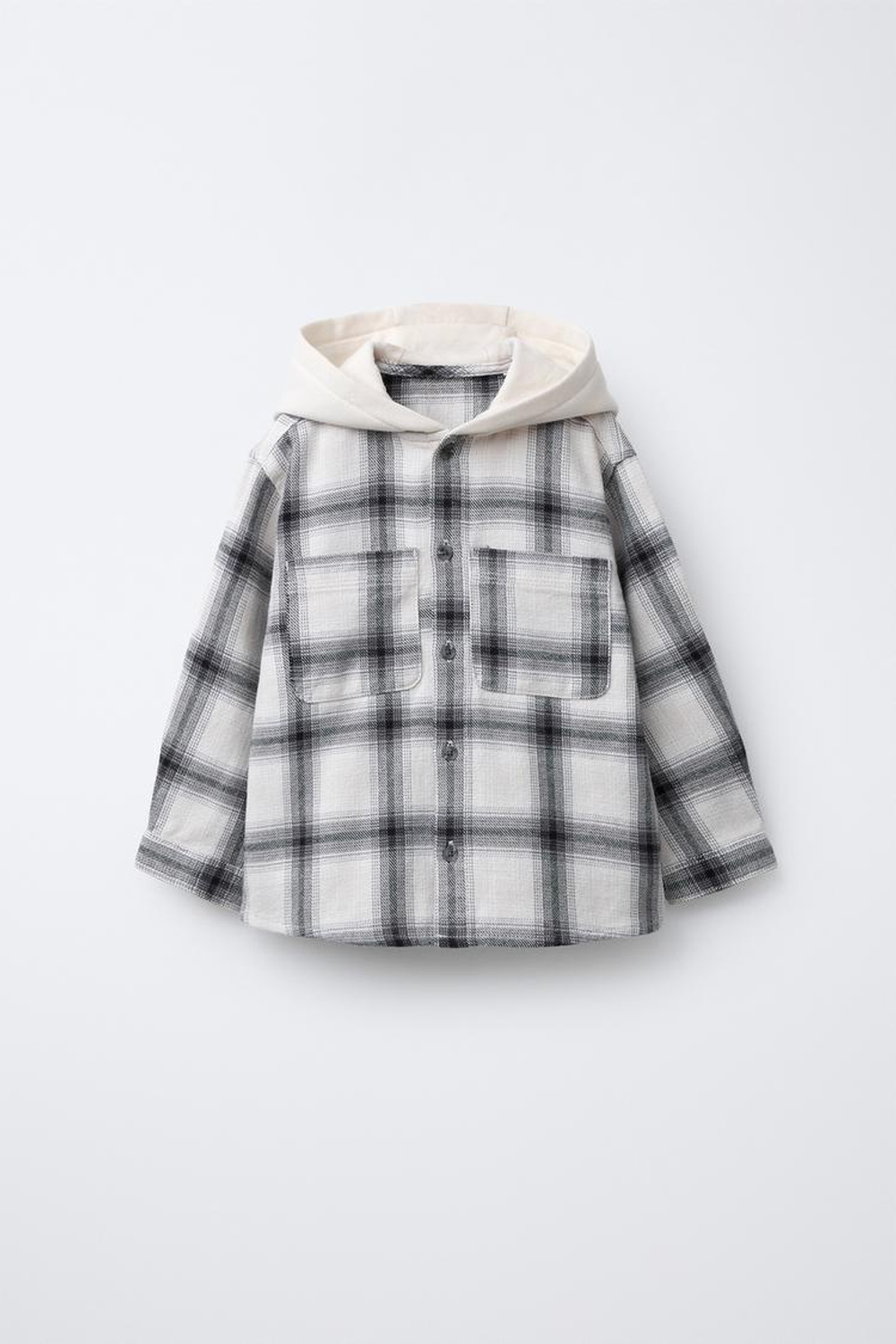 ZARA РУБАШКА В КЛЕТКУ С КАПЮШОНОМ ИЗ ФЛИСА, БЕЛЫЙ/ЧЕРНЫЙ