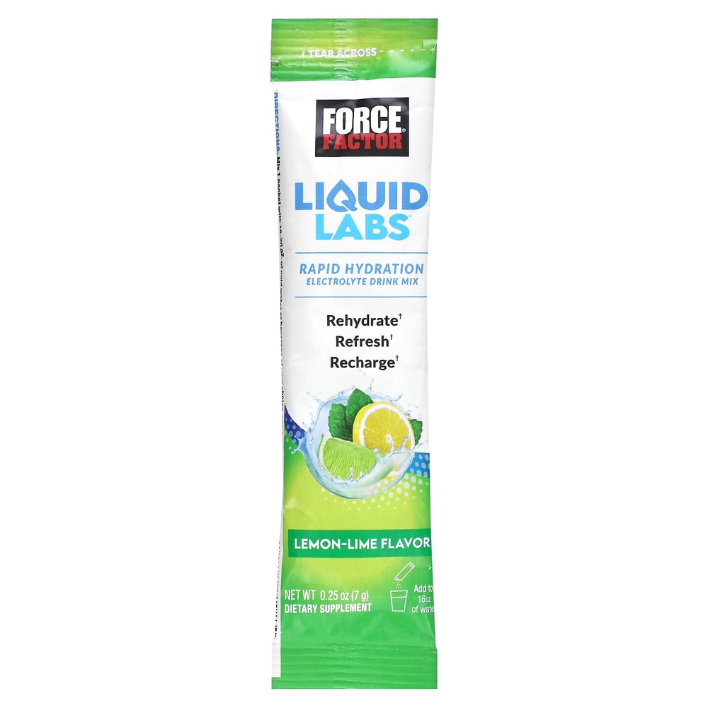 Force Factor, Liquid Labs™, смесь для приготовления электролитного напитка для ускоренной гидратации, лимон и лайм, 1 стик, 7 г (0,25 унции)