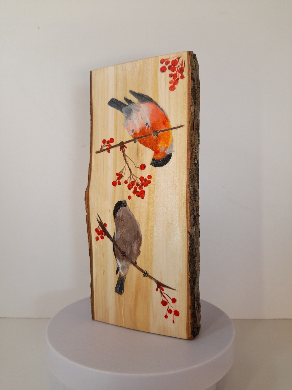 Снегири. Рисунок на срезе ивы.