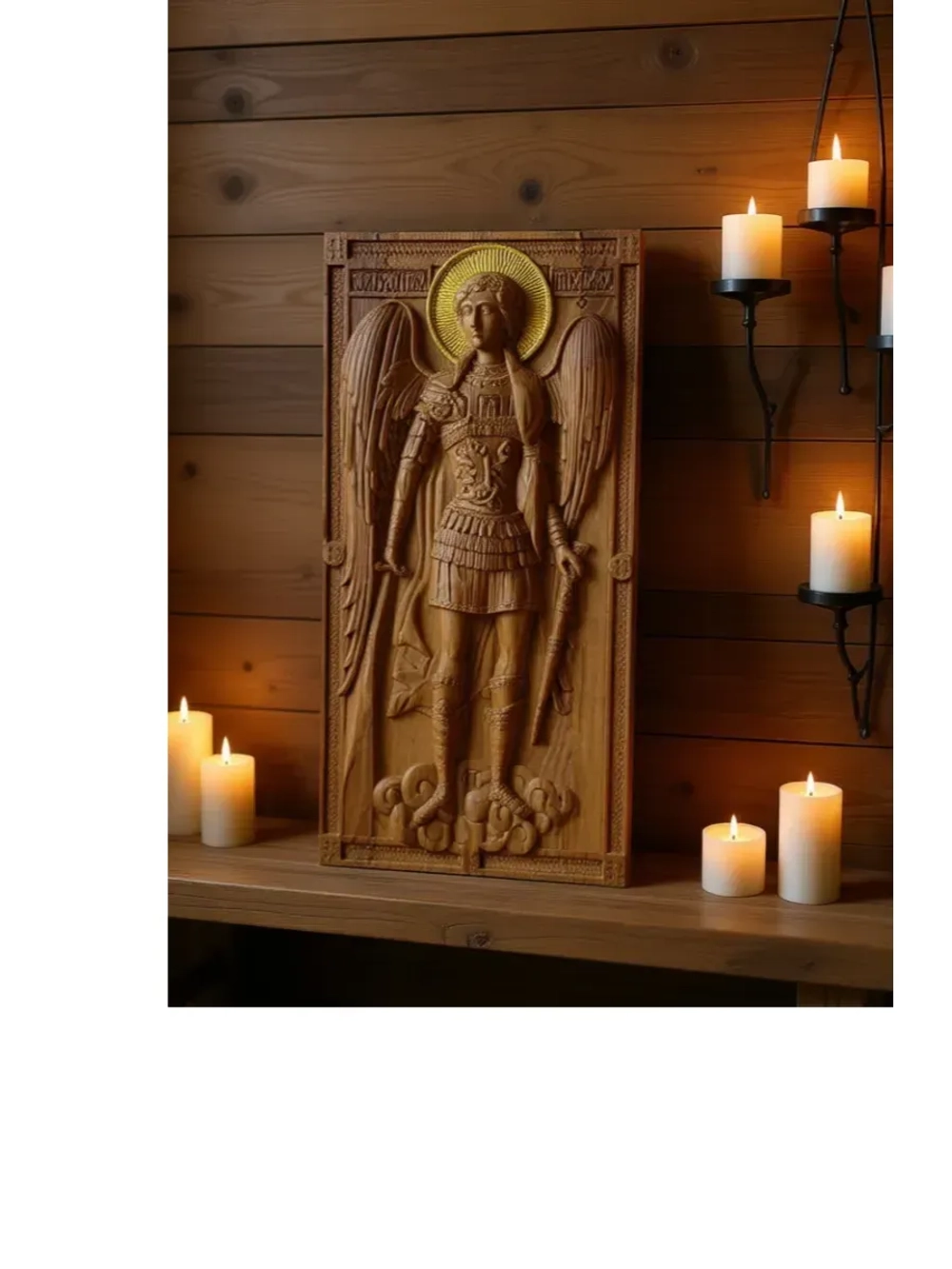 Освященная Икона Архангела Михаила резная из дуба 28.5х14 см