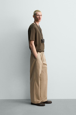 ZARA ФУТБОЛКА REGULAR FIT ИЗ СМЕСОВОГО ХЛОПКА, КОРИЧНЕВЫЙ