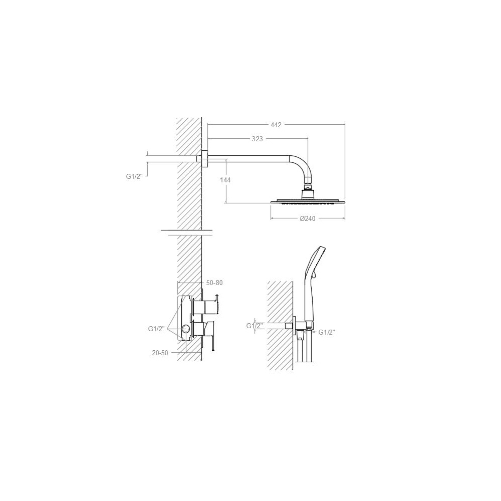 Встраиваемый смеситель для душа с тропическим и ручным душем BLAUTHERM 941502RP240NM чёрный