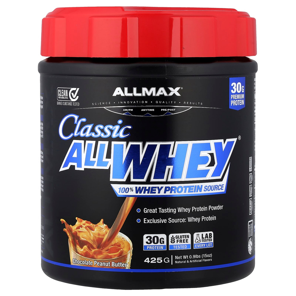ALLMAX, CLASSIC ALLWHEY®, 100% источник сывороточного протеина, шоколад и арахисовое масло, 425 г (0,9 фунта)