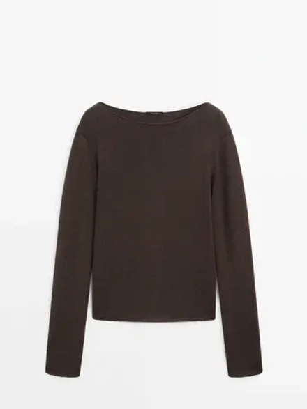 Massimo Dutti Свитер из тонкой шерсти с окантовкой, коричневый