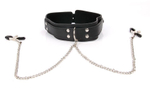 Черный ошейник на регулируемом ремешке с металлическими зажимами для сосков (Цвет: черный)