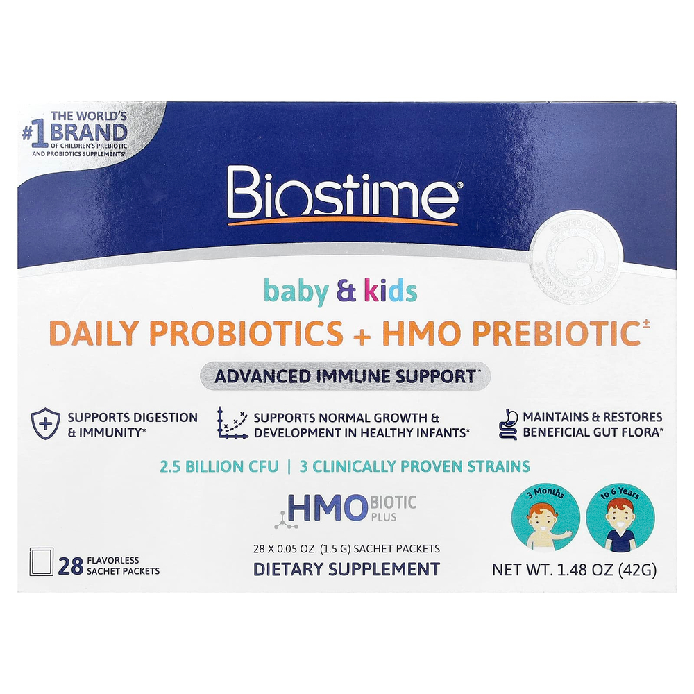Biostime, Для детей и детей, ежедневные пробиотики и пребиотики из ОПЗ, для детей от 3 месяцев до 6 лет, без вкуса, 28 пакетиков-саше по 1,5 г (0,05 унции)