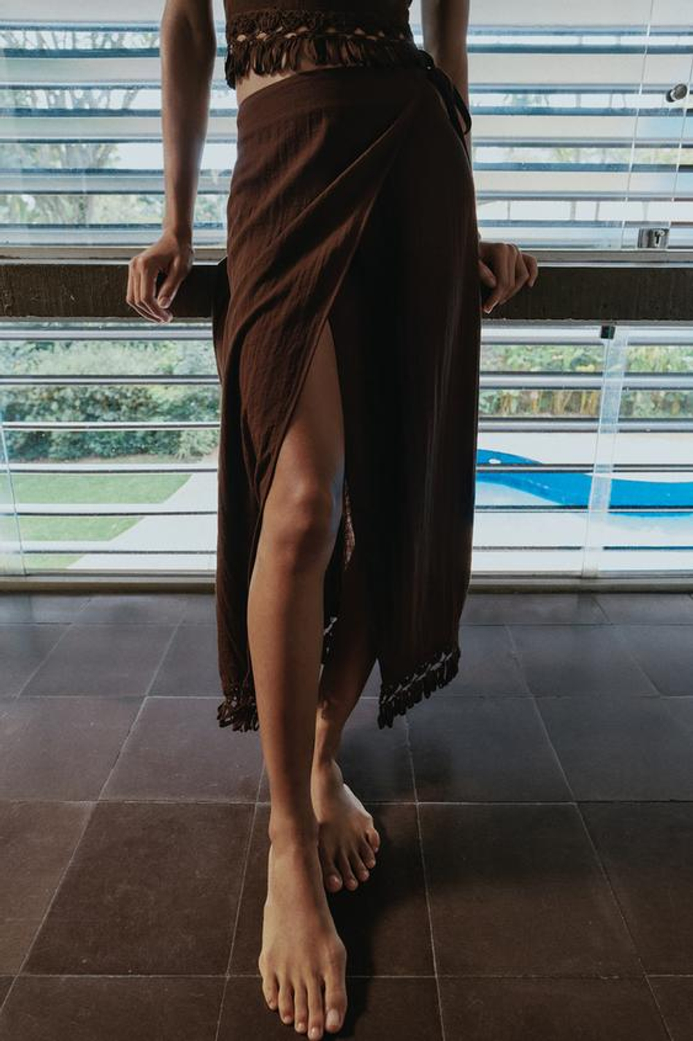 ZARA ЮБКА-ПАРЕО МИДИ С БАХРОМОЙ, КОРИЧНЕВЫЙ