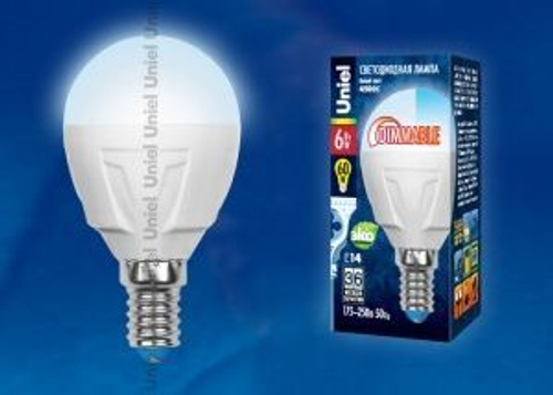 Лампа сд LED-ШАР 6Вт 220В Е14 4500К 600Лм диммируемая UNIEL