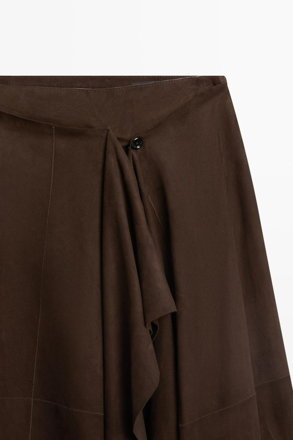 Massimo Dutti Замшевая кожаная юбка миди с оборками, коричневый