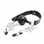 Черный кляп-шарик «Оки-Чпоки» с зажимами для сосков (Цвет: черный)