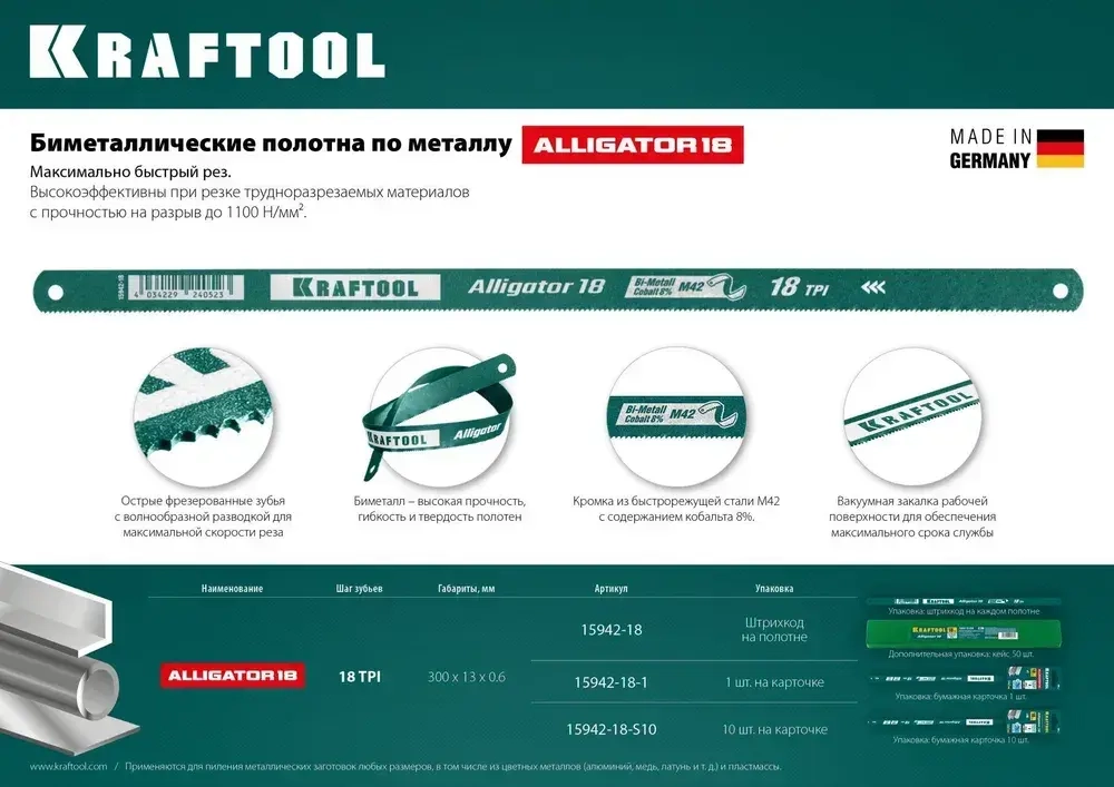 Полотно для ножовки по металлу, биметалл, 300 мм, KRAFTOOL Alligator-18, 18 TPI