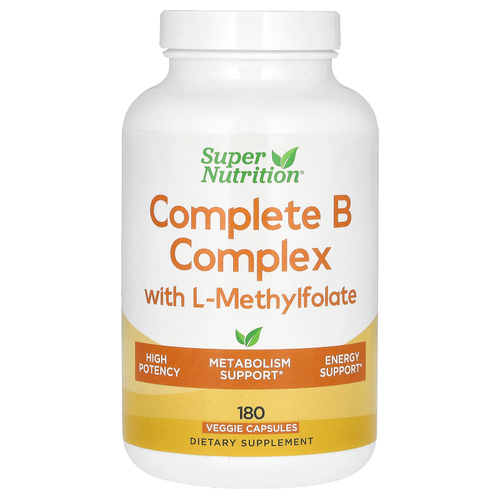 Super Nutrition, полный комплекс витаминов группы B с L-метилфолатом и метилкобаламином, витамином B12, 180 растительных капсул
