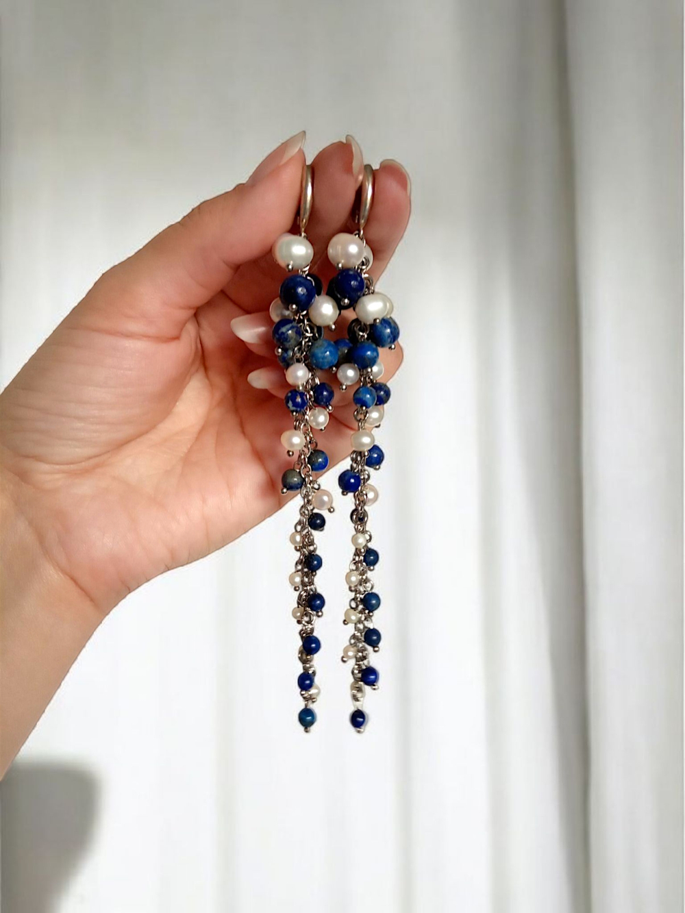 Серьги-грозди длинные с натуральными камнями