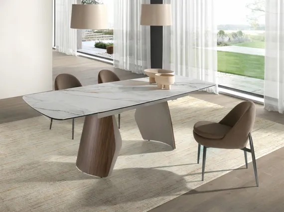 Раздвижной обеденный стол 1193 из керамики в мраморной отделке, стали и ореха