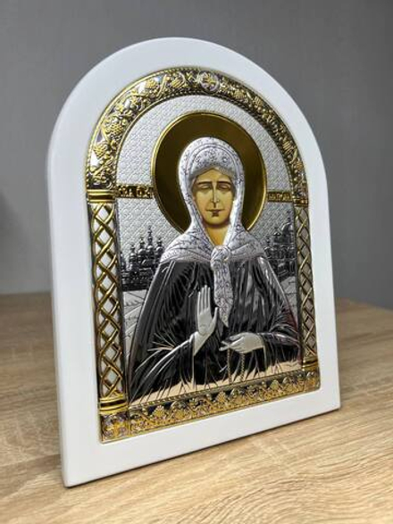 Матрона, икона арочная, белое дерево 175х225