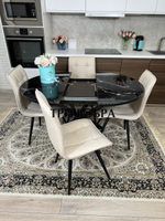 Круглый стеклянный раздвижной стол "Черный оникс" и стулья "ГУЧИ" ваниль