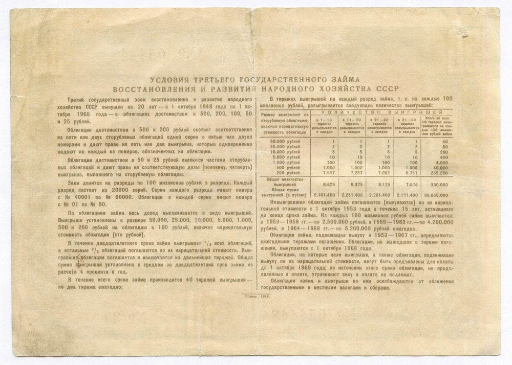 Облигация 50 рублей 1948 год. 3-ий заем восстановления и развития народного хозяйства. Серия № 054448. VG