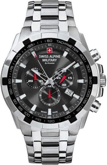 С браслетом Мужские наручные часы с серебряным браслетом Swiss Alpine Military 7043.9237 sapphire crystal chrono 47mm 10ATM