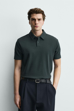 ZARA ПОЛО ИЗ РЕЛЬЕФНОЙ ТКАНИ ВАФЕЛЬНОГО ПЕРЕПЛЕТЕНИЯ, ЗЕЛЕНОВАТО-СИНИЙ
