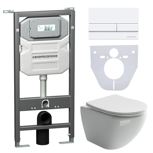 Комплект подвесной безободковый унитаз Ceramica Nova Metropol Rimless CN4002 с микролифтом + система инсталляции Envision CN1002W с кнопкой смыва Flat белый глянцевый и шумоизоляционной панелью