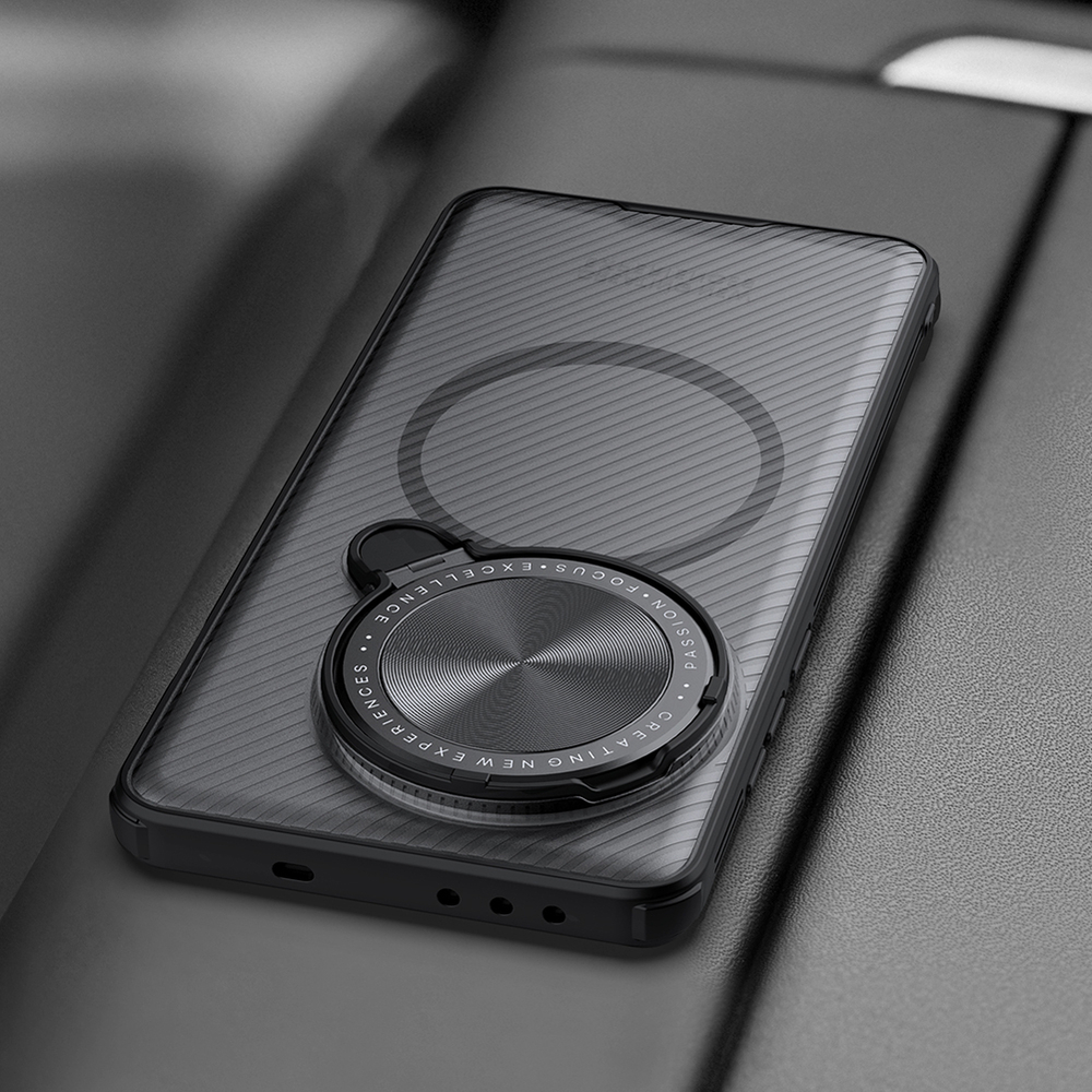Чехол прозрачный тонированный (Transparent Black) от Nillkin с металлической крышкой и MagSafe на OnePlus 13, серия CamShield Prop Magnetic Case