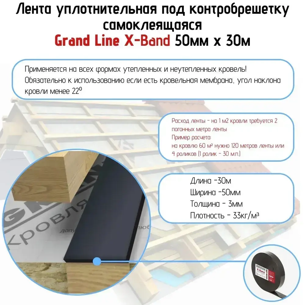 Лента уплотнительная под контробрешетку самоклеящаяся Grand Line X-Band 50мм х 30м х 3мм