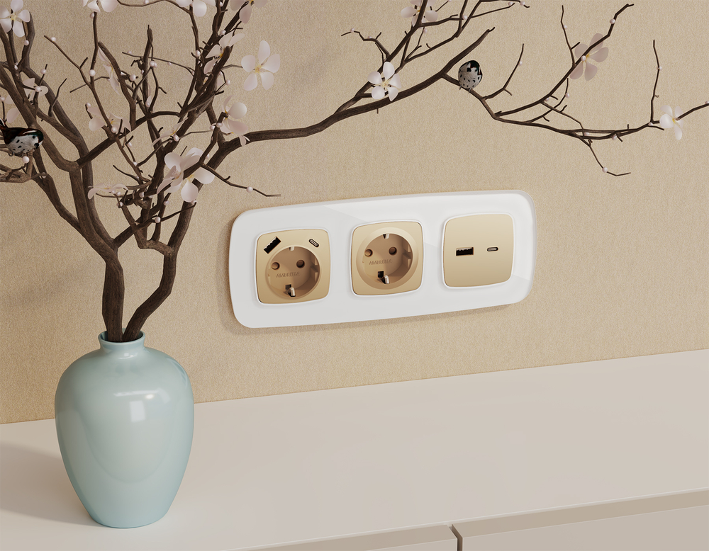 MO610010 Комплект механизма электрической розетки OMEGA Шампань 2USB A+C 20W (быстрая зарядка) с/з QUANT (OP6100, VM160)