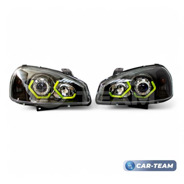 Фары Лада Калина 1 передние в стиле BMW с Bi LED модулями 2,0 дюйма, галочки в цвете Lime