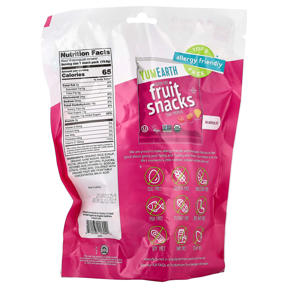 YumEarth, фруктовые снеки без глютена, со вкусом тропических фруктов, 10 упаковок по 19,8 г (0,7 унции)