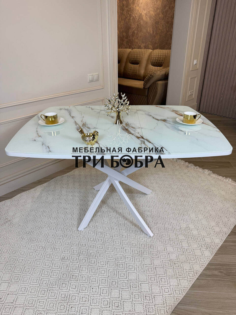 Кухонный раздвижной стол "Танго", белый мрамор