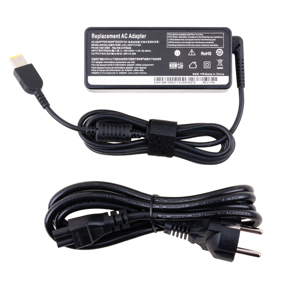 Блок питания для ноутбука Lenovo 20V, 3.25A, 65W (прямоугольный разъем)