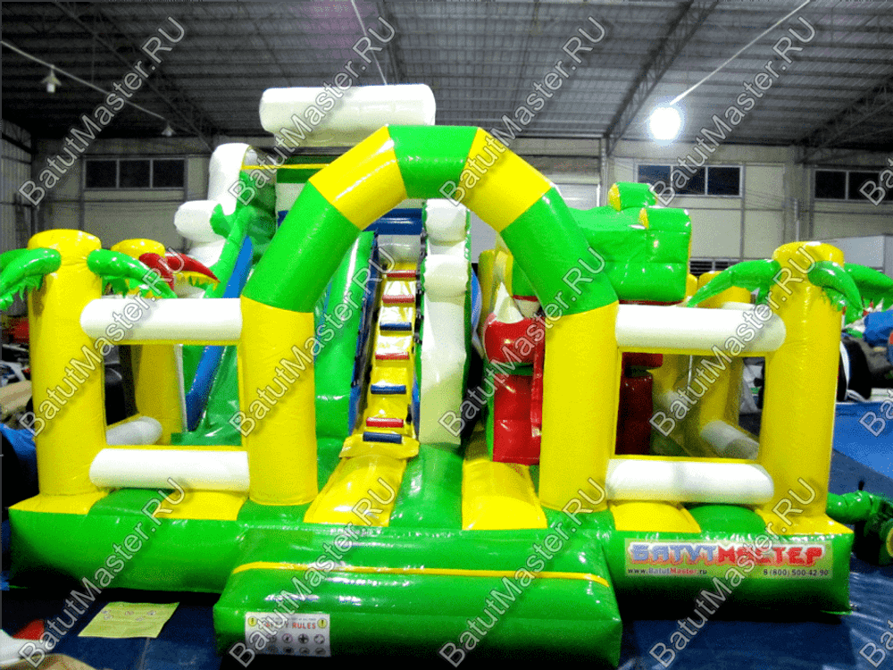Коммерческий батут "Белый клык" желто-зелёный с механизированной головой, размер 6*6*4 м