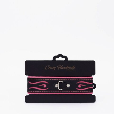 Черно-розовый кожаный ошейник с розовой строчкой