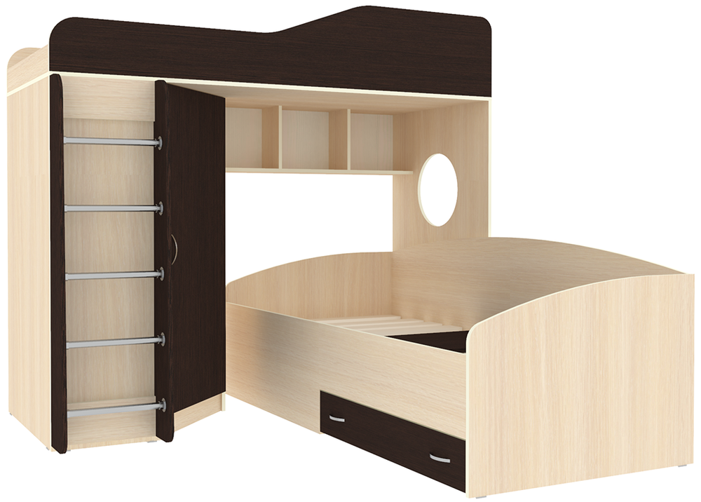 Кровать-чердак КарИВи Кадет 2 с металлической лестницей  Дуб Молочный Венге