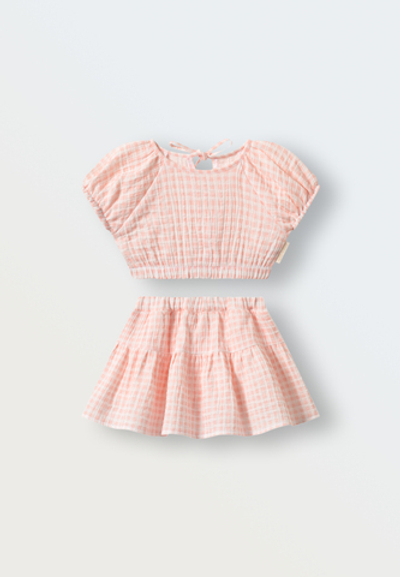 3144-339 Комплект топ и юбка-шорты из муслина (клетка розовая)