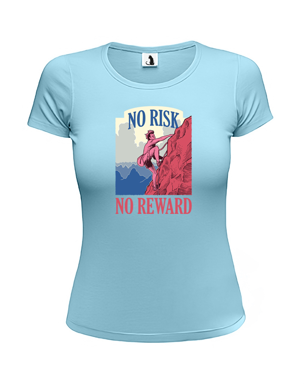 Футболка со скалолазом No risk No reward женская приталенная голубая