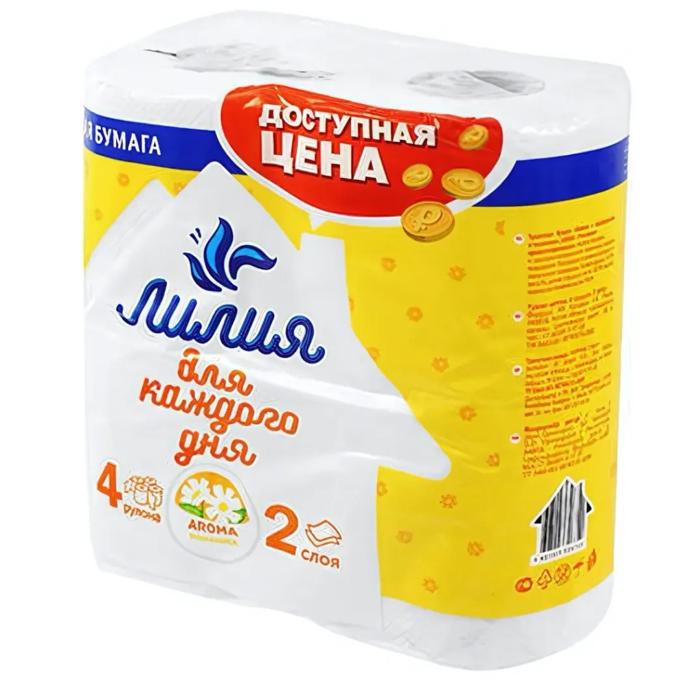 Туалетная бумага Лилия Ромашка 2сл 4рул, белый цв.