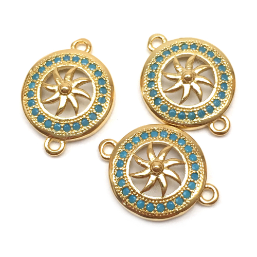 Коннектор с голубыми фианитами "Солнце-оберег" 15х11 мм, позолота