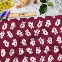 Ткань габардин белые варежки на бордовом фоне