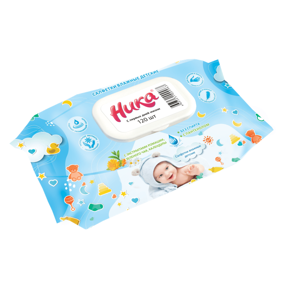 Салфетки влажные детские «Ника» с первых дней жизни, мягкая уп 120 шт