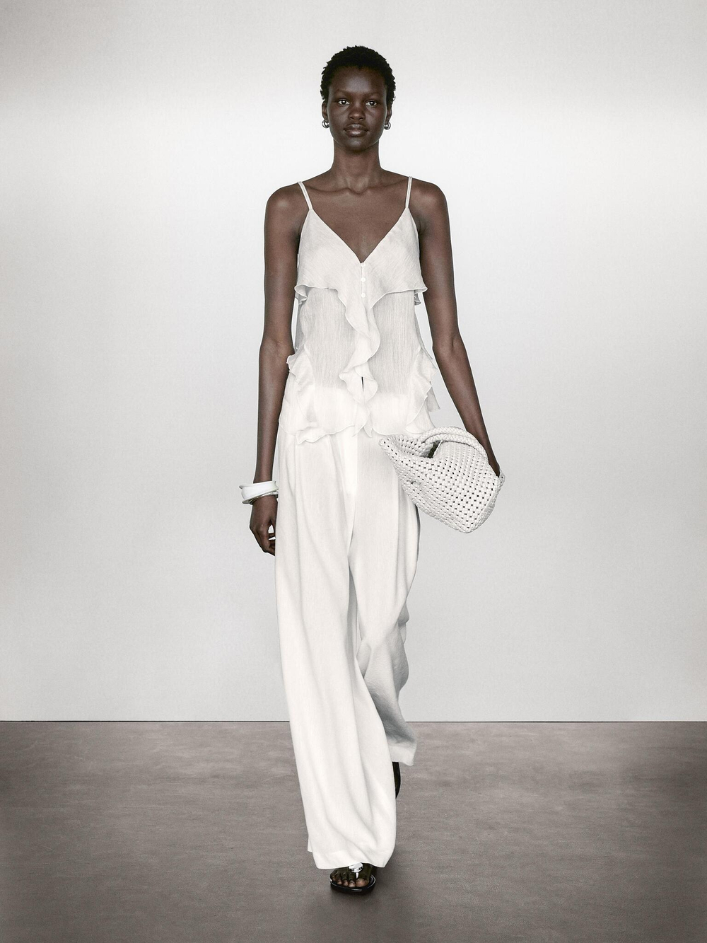 Massimo Dutti Брюки-палаццо из льняной смеси с вытачками, кремовый