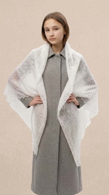 Оренбургский пуховый платок-паутинка А160-01 белый отбеленный