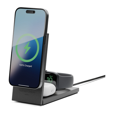 Складная зарядная станция MagSafe Native Union Rise для iPhone, Apple Watch и AirPods (Qi2) Беспроводная зарядка: Qi 15 Вт, Qi 5 Вт, магнитное крепление для быстрой зарядки Apple Watch (Qi 5 Вт). Проводная зарядка: нет. Сертификации MFi и Qi2. Есть LED-ин