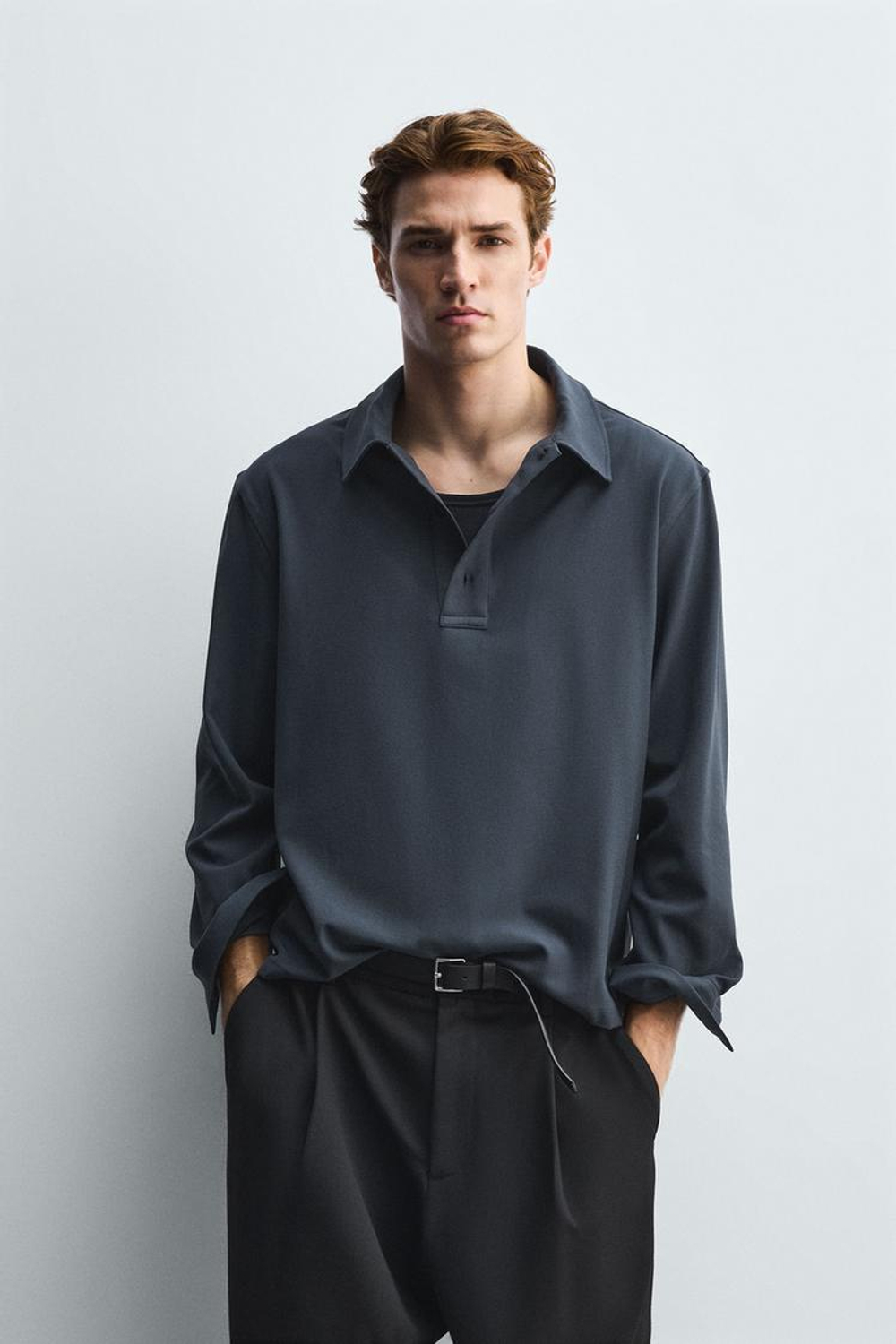 ZARA РУБАШКА-ПОЛО ИЗ СТРУЯЩЕЙСЯ ТКАНИ, СВИНЦОВЫЙ