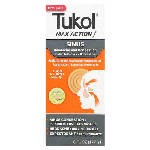 Tukol, Max Action, Sinus, для детей от 12 лет, натуральный имбирь, 177 мл (6 жидк. унций)