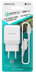 Зарядное сетевое с кабелем MicroUSB 1-метр 3А QC3.0 BOROFONE BA36A белый