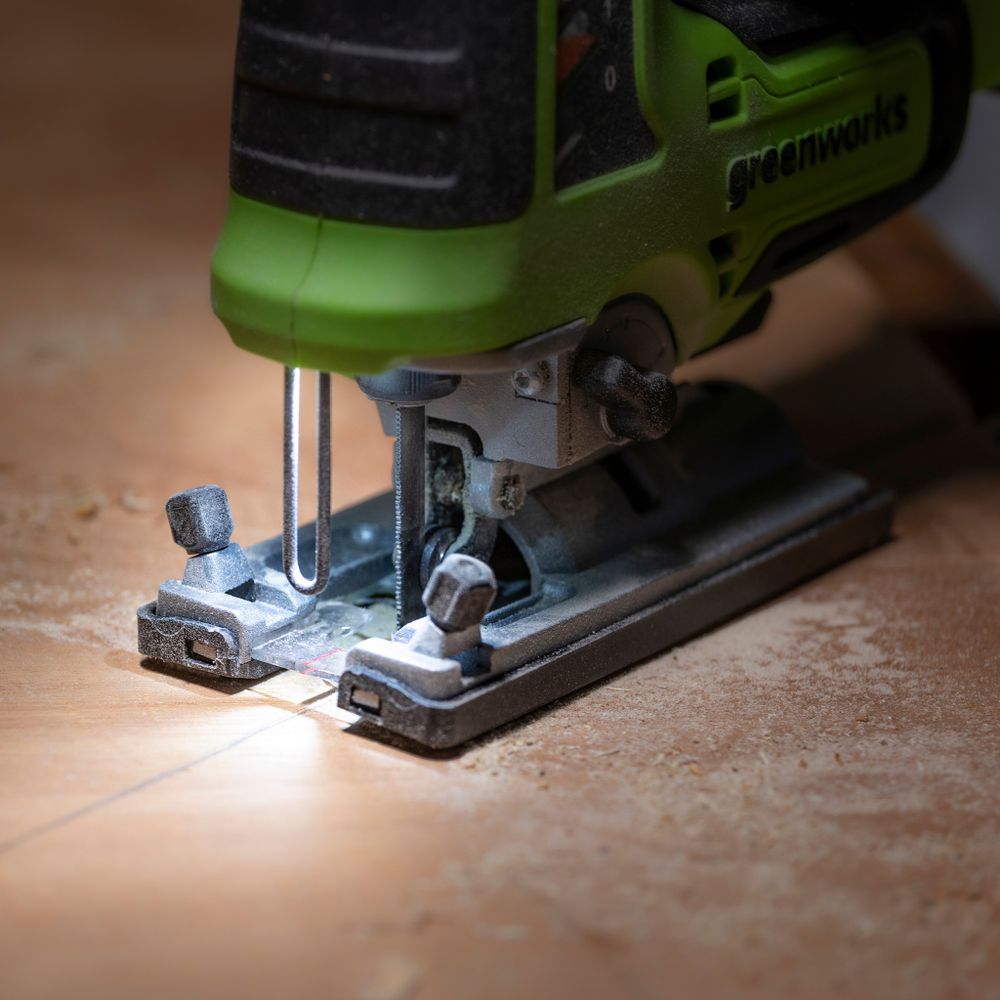 Лобзик акк. Greenworks GD24JS120, 24V, б/щет, 120 мм, 0-3500/мин, 4-ст.маятник, алю.подошва,LED,1х2Ач,ЗУ,кор (3601407CUA)